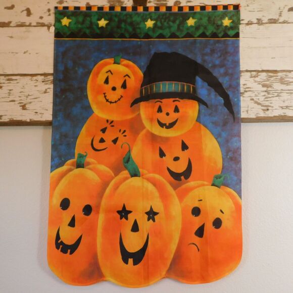 Halloween Decor Flag Fall Banner Pumpkins VINTAGE 1999 28x40 Orange Scalloped - Picture 5 of 5